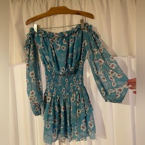 Rays for Days Blue Floral Short Romper Off the Shoulder